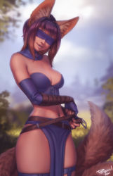 Rule 34 | 1girl, animal ears, belt, blindfold, blurry, blurry background, breasts, brown hair, bustier, covered eyes, detached collar, elbow gloves, facing viewer, fingerless gloves, fox ears, fox tail, gloves, highres, lips, long hair, medium breasts, multiple tails, original, outdoors, pelvic curtain, personal ami, solo, standing, tail