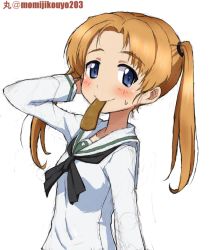 Rule 34 | 10s, 1girl, alternate hairstyle, arm behind head, arm up, artist name, black neckerchief, blouse, blush, chips (food), closed mouth, commentary, cosplay, food, from side, girls und panzer, hair tie, hand in own hair, kadotani anzu, kadotani anzu (cosplay), kayabakoro, long hair, long sleeves, looking at viewer, mouth hold, neckerchief, one-hour drawing challenge, ooarai school uniform, parted bangs, potato chips, school uniform, serafuku, shirt, simple background, sketch, smile, solo, standing, sweatdrop, twintails, twitter username, upper body, white background, white shirt