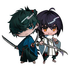 Rule 34 | 1boy, 1other, absurdres, ahoge, androgynous, black hair, blue eyes, blue kimono, braid, braided ponytail, brown eyes, chibi, closed mouth, commentary request, crossed bangs, dual wielding, fate/samurai remnant, fate (series), fighting stance, green hair, green hakama, hair between eyes, hair intakes, hakama, highres, holding, holding sword, holding weapon, japanese clothes, katana, kimono, long hair, long sleeves, looking at viewer, miyamoto iori (fate), mura karuki, sandals, serious, shirt, short hair, side-by-side, simple background, smile, spiked hair, standing, sword, weapon, white background, white shirt, wide sleeves, yamato takeru (fate)