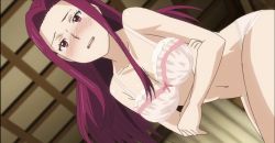 Rule 34 | 1girl, bent over, blush, bow, bra, breasts, crossed arms, embarrassed, highres, large breasts, lingerie, long hair, midriff, navel, panties, pink bra, pink panties, purple eyes, purple hair, sakaki ryouko, screencap, shokugeki no souma, solo, underwear