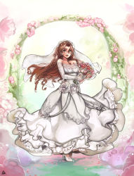 Rule 34 | 1girl, anoushka russell, blush, bouquet, breasts, bridal veil, brown eyes, brown hair, collarbone, commentary, commission, dress, earrings, elbow gloves, english commentary, fingerless gloves, flower, glasses, gloves, high heels, highres, holding, holding bouquet, jewelry, long hair, medium breasts, muv-luv, parted bangs, parted lips, pink flower, round eyewear, sakaki chizuru, smile, veil, wedding dress, white dress, white flower, white footwear