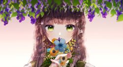 Rule 34 | 1girl, blue flower, blunt bangs, blurry, bouquet, braid, brown hair, covered mouth, depth of field, eyelashes, flower, flower over mouth, gradient background, green eyes, hair flower, hair ornament, half updo, highres, holding, holding flower, long hair, looking at viewer, mame kuri, original, own hands together, pink flower, plant, portrait, purple flower, red flower, side braid, solo, twin braids, twitter username, vines, yellow flower
