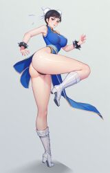 Rule 34 | 1girl, absurdres, ass, bare shoulders, black hair, blue eyes, boots, bracelet, breasts, capcom, chinese clothes, chun-li, commentary request, dark night (darkotl), double bun, dress, fighting stance, full body, gold trim, grey background, hair bun, high heel boots, high heels, highres, jewelry, knee boots, leg up, legs, lips, long legs, looking at viewer, medium breasts, panties, pelvic curtain, shadow, shiny skin, short dress, simple background, sleeveless, solo, spiked bracelet, spikes, street fighter, street fighter ii (series), thighs, underwear