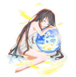 Rule 34 | 1girl, black hair, blush, breasts, character request, clock, closed eyes, feathers, gotyou, long hair, nude, open mouth, ore to kanojo no pandora box, smile, solo, orb