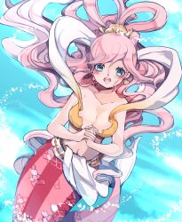 Rule 34 | 1girl, absurdres, bikini, blue eyes, blush stickers, breasts, cleavage, commentary, earrings, fish hair ornament, floating hair, from above, hagoromo, hair ornament, half updo, highres, jewelry, looking at viewer, lugh, mermaid, monster girl, one piece, open mouth, palms together, shawl, shell, shell earrings, shirahoshi, sidelocks, signature, simple background, solo, swimsuit, underwater, upper body, yellow bikini