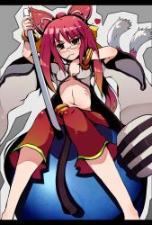 Rule 34 | 1girl, animal ears, arc system works, ball, bell, belt, blazblue, blush, bracelet, breasts, brown eyes, cat ears, cat girl, cat tail, clothes lift, female focus, glasses, highres, jewelry, kokonoe (blazblue), lab coat, long hair, midriff, multiple tails, muruaka, pants, pink hair, ribbon, shirt lift, sitting, small breasts, solo, tail, underboob, yellow ribbon