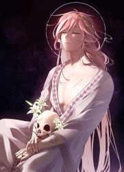 Rule 34 | 1boy, animal ears, closed mouth, closed eyes, flower, highres, jewelry, long hair, pink hair, ring, robe, signature, skull, space, tattoo, technoblade, white flower, white robe