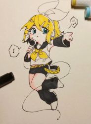 Rule 34 | 1girl, belt, black sailor collar, black shorts, black sleeves, blonde hair, blue eyes, bow, chibi, commentary, detached sleeves, flat chest, hair bow, hair ornament, hairclip, highres, holding, holding microphone, kagamine rin, marker (medium), medium hair, microphone, musical note, neck ribbon, nicheng quianleliao baomixieyi, ribbon, sailor collar, sailor shirt, shirt, shorts, solo, speech bubble, spoken musical note, symbol-only commentary, traditional media, triangle mouth, vocaloid, white bow, yellow belt, yellow ribbon