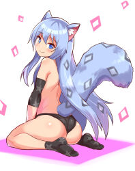 Rule 34 | 1boy, animal ears, ass, back, black panties, black socks, blue eyes, blue hair, closed mouth, commentary, commission, cougar (cougar1404), elbow pads, english commentary, from behind, long hair, looking at viewer, looking back, male focus, mixed-language commentary, original, panties, print socks, sitting, skeb commission, smile, socks, solo, star (symbol), star print, tail, topless, trap, underwear, underwear only, wariza, wedgie, white background