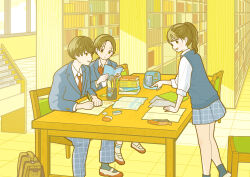 Rule 34 | 1girl, 2boys, :d, :o, blue jacket, blush, book, bookshelf, bow, bowtie, brown eyes, brown hair, cellphone, collared shirt, commentary, eraser, highres, holding, holding pencil, jacket, library, long hair, multiple boys, necktie, open mouth, original, pencil, phone, pointing, reading, school, school uniform, shirt, shoes, short hair, sleeves rolled up, smartphone, smile, socks, studying, sweater vest, white shirt, yoshimon