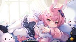 Rule 34 | 1girl, animal ears, bed, bow, cellphone, commentary, commission, curtains, doll, english commentary, hair between eyes, hair ornament, highres, indie virtual youtuber, iphone 11 pro, long sleeves, nintendo switch, nyatrix, pantyhose, phone, pink eyes, pink hair, rabbit ears, short hair, smartphone, usagi kira, virtual youtuber, wings