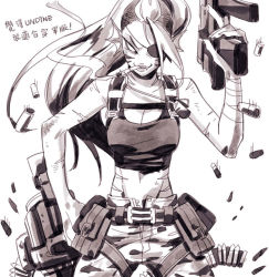Rule 34 | 1girl, ammunition belt, arm wrap, belt, belt pouch, breasts, camouflage, camouflage pants, casing ejection, character name, chinese text, cigarette, cleavage, cowboy shot, crop top, dog tags, eyepatch, facepaint, fang, fang out, fins, gatling gun, gills, gokudou, gun, head fins, midriff, minigun, monochrome, monster girl, navel, no pupils, pants, parted lips, ponytail, pouch, scar, shell casing, smile, smoking, solo, strap, submachine gun, tank top, translation request, undertale, undyne, weapon