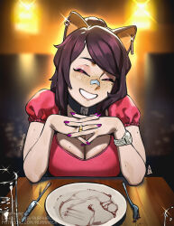 Rule 34 | 1girl, animal ears, ascari megane (aurahack), aurahack, bandaid, bandaid on face, bandaid on nose, blurry, blurry background, breasts, brown hair, cat ears, cleavage, closed eyes, cutlery, earrings, facing viewer, freckles, highres, jewelry, large breasts, long hair, mole, mole on breast, mole under eye, nail polish, original, plate, ring, sitting, smile, solo, watch, wristwatch