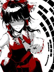 Rule 34 | 1girl, ascot, bad id, bad pixiv id, black hair, detached sleeves, female focus, hair ribbon, hakurei reimu, japanese clothes, miko, monochrome, partially colored, ribbon, shioaji, short hair, smile, solo, touhou, white background, wide sleeves, wind