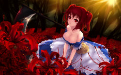 Rule 34 | 1girl, bare shoulders, breasts, cait aron, cleavage, female focus, flower, hair bobbles, hair ornament, highres, large breasts, off shoulder, onozuka komachi, red eyes, red hair, scythe, short hair, solo, spider lily, touhou, twintails, two side up, wallpaper