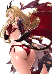 Rule 34 | 1girl, akita hika, ass, bad id, bad pixiv id, bikini, black gloves, blonde hair, breasts, demon tail, gloves, high heels, highres, index finger raised, long hair, looking at viewer, lord of vermilion, medium breasts, milia (lord of vermilion), open mouth, pointy ears, red bikini, red eyes, shoes, side-tie bikini bottom, simple background, smile, solo, swimsuit, tail, white background