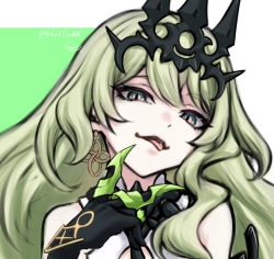 Rule 34 | 1girl, black gloves, claw ring, crown, earrings, gloves, green background, green eyes, green hair, highres, honkai (series), honkai impact 3rd, jewelry, long hair, looking at viewer, mobius (honkai impact), single earring, slit pupils, sohu75su0n, solo, tongue, tongue out, two-tone background, upper body, wavy hair, white background