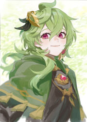 Rule 34 | 1girl, absurdres, ahoge, capelet, closed mouth, collei (genshin impact), earrings, genshin impact, green capelet, green hair, hair between eyes, hair ornament, highres, itou (very ito), jewelry, long sleeves, looking at viewer, medium hair, purple eyes, simple background, smile