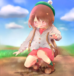 Rule 34 | 1girl, 22m, backpack, bag, beret, blue sky, blush, breath, brown eyes, brown footwear, brown hair, cardigan, cloud, creatures (company), day, dress, embarrassed, female focus, flat chest, full body, game freak, gloria (pokemon), grass, green hat, green socks, grey cardigan, hand up, hat, highres, long sleeves, looking down, matching hair/eyes, nintendo, nose blush, open mouth, outdoors, peeing, peeing self, pink dress, plaid, plaid legwear, pokemon, pokemon swsh, puddle, shoes, short hair, sky, socks, solo, squatting, steam, sweat, wavy mouth, wet, wet clothes