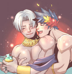 Rule 34 | 2boys, ^ ^, astraea f, black hair, black nails, blush, bottle, closed eyes, gorget, hades (series), hades 1, hand on another&#039;s chest, laurel crown, male focus, multiple boys, nail polish, open mouth, silver hair, smile, thanatos (hades), topless male, yaoi, zagreus (hades)