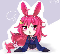 Rule 34 | 10s, 1girl, ahoge, all fours, animal ears, bad id, bad pixiv id, rabbit hair ornament, chibi, crescent, crescent hair ornament, hair ornament, kantai collection, kemonomimi mode, long hair, looking at viewer, low-tied long hair, open mouth, pleated skirt, rabbit ears, skirt, sleeves past wrists, solo, text focus, translation request, uzuki (kancolle), very long hair, yonerinoko (banberabu)