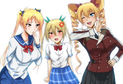 Rule 34 | 10s, 3girls, absurdres, anger vein, arm behind back, bad id, bad pixiv id, bakuon!!, bell, blonde hair, blue eyes, blush, bow, breast envy, breasts, claire harvey, clenched hand, color connection, crossover, drill hair, fang, green kaminari, hair bell, hair between eyes, hair color connection, hair ornament, hair ribbon, hand on own hip, highres, hundred, large breasts, long hair, multiple crossover, multiple girls, netoge no yome wa onna no ko janai to omotta?, ojou-sama pose, open mouth, pleated skirt, red eyes, revision, ribbon, school uniform, season connection, segawa akane, skirt, smirk, suzunoki rin, trait connection, trembling, twin drills, twintails