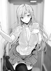 Rule 34 | 1girl, black thighhighs, blurry, blurry background, blush, bra, bra visible through clothes, breasts, cleavage, closed mouth, collarbone, collared shirt, commentary request, covered erect nipples, doorway, fine fabric emphasis, gentsuki, greyscale, hand up, highres, indoors, lace, lace-trimmed bra, lace trim, large breasts, leg up, long hair, looking at viewer, monochrome, no shoes, original, partially unbuttoned, plaid, plaid skirt, pleated skirt, school uniform, see-through, shirt, sidelocks, skirt, solo, thighhighs, underwear, wet, wet clothes