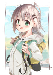 Rule 34 | 1girl, ahoge, backpack, bag, commentary request, green eyes, grey hair, hair ornament, hairclip, highres, hood, hooded jacket, jacket, kohshibasaki, long sleeves, looking at viewer, open mouth, short hair, solo, upper body, white jacket, yama no susume, yukimura aoi