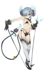 Rule 34 | 1girl, absurdres, armpits, bare shoulders, bikini, black bikini, black footwear, black gloves, blue hair, breasts, cable, cable tail, closed mouth, detached collar, electric plug, electricity, full body, gloves, hair ornament, hair over one eye, headgear, high heels, highres, holding, looking at viewer, mechanical tail, medium breasts, micro bikini, navel, original, romana, short hair, sidelocks, simple background, solo, swimsuit, tail, thighhighs, white background, white thighhighs, yellow eyes