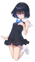 Rule 34 | 1girl, bare arms, bare legs, black dress, black hair, blue butterfly, blue eyes, blush, breasts, bug, butterfly, collar, collared dress, commentary, dress, full body, hair between eyes, hand up, highres, insect, kneeling, legs, looking at animal, na-ga, no shoes, original, parted lips, short dress, short hair, simple background, sleeveless, sleeveless dress, small breasts, socks, solo, thighs, white background, white collar, white socks