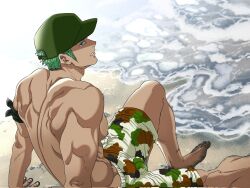 Rule 34 | 1boy, back, bandana around arm, bara, bare pectorals, baseball cap, beach, camouflage, dirty, dirty feet, dirty hands, green hair, hat, highres, looking at viewer, male focus, male swimwear, muscular, muscular male, nipples, on ground, one piece, parted lips, pectorals, pinattsu, roronoa zoro, scar, scar on chest, shore, short hair, sitting, solo, swim trunks, topless male, twitter username