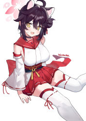 Rule 34 | 1girl, absurdres, ahoge, animal ears, black hair, blue archive, blush, breasts, commentary, detached sleeves, hair between eyes, hair bun, hakama, hakama skirt, halo, highres, japanese clothes, kaede (blue archive), large breasts, looking at viewer, open mouth, red hakama, red sailor collar, ribbon-trimmed sleeves, ribbon trim, sailor collar, signature, simple background, single side bun, skirt, solo, symbol-only commentary, thighhighs, white thighhighs, wide sleeves, wumumu, yellow eyes