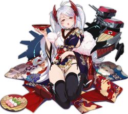 Rule 34 | 1girl, :o, alternate costume, antenna hair, azur lane, black panties, black thighhighs, breasts, choker, cross, cup, fingernails, floral print, full body, hair between eyes, hair intakes, head tilt, iron cross, japanese clothes, kimono, large breasts, long fingernails, long hair, looking at viewer, machinery, mole, mole on breast, nail polish, no bra, official art, open mouth, orange eyes, panties, pelvic curtain, prinz eugen (azur lane), prinz eugen (profusion of flowers) (azur lane), realmbw, red nails, sakazuki, seigaiha, sideboob, silver hair, solo, tabi, tachi-e, thighhighs, tongue, transparent background, turret, twintails, two side up, underwear, very long hair