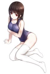 Rule 34 | 1girl, bad id, bad pixiv id, brown hair, kfr, long hair, no shoes, old school swimsuit, one-piece swimsuit, original, red eyes, school swimsuit, solo, swimsuit, thighhighs, white thighhighs