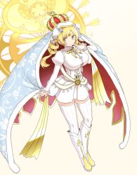 Rule 34 | 1girl, blonde hair, boots, cape, dress, drill hair, finger to mouth, fur-trimmed cape, fur trim, highres, holy mami, knee boots, kogaku kazuya, looking at viewer, magia record: mahou shoujo madoka magica gaiden, magical girl, mahou shoujo madoka magica, short dress, solo, soul gem, thighhighs, tomoe mami, twin drills, white footwear, white thighhighs, yellow eyes