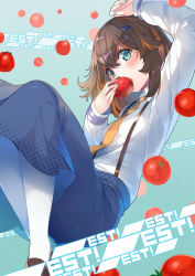 Rule 34 | 1girl, arm up, blue background, blush, brown hair, copyright request, crossed bangs, eating, hair between eyes, hair ornament, hairclip, highres, kokka han, long hair, looking at viewer, nail polish, necktie, open mouth, pantyhose, shirt, skirt, solo, suspenders, tomato, virtual youtuber, white pantyhose, white shirt