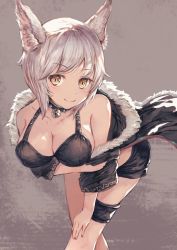 Rule 34 | 1girl, animal ear fluff, animal ears, bare shoulders, bell, black choker, black jacket, blush, breasts, choker, cleavage, closed mouth, collarbone, fingernails, fur-trimmed choker, fur-trimmed jacket, fur trim, grey hair, jacket, large breasts, leaning, leaning forward, looking at viewer, medium breasts, neck bell, original, ouka (ra-raradan), short hair, smile, solo, spiked choker, spikes, standing, thigh strap, yellow eyes