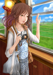 Rule 34 | 1girl, bag, blue sky, brown eyes, camera, cloud, day, farm, fingernails, floral print, gradient hair, hair blowing, hand up, lamp, looking to the side, medium hair, medium sleeves, motor vehicle, mountain, multicolored hair, open window, original, overalls, parted lips, pickup truck, product placement, ren (nyanyo), rural, scarecrow, single-lens reflex camera, sky, solo, sweater vest, train interior, truck, utility pole, window