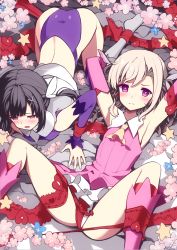 Rule 34 | 2girls, all fours, arms behind head, back cutout, black hair, blonde hair, blush, boots, breasts, character cutout, clothing cutout, commentary request, detached sleeves, dress, fate/grand order, fate/kaleid liner prisma illya, fate (series), feet out of frame, flat chest, flower, grey legwear, hair ornament, hairclip, heart, highres, illyasviel von einzbern, looking at viewer, lying, magical girl, medium hair, miyu edelfelt, multiple girls, nail polish, on back, on ground, open mouth, panties, pink dress, pink eyes, pink flower, pink footwear, pink nails, pink sleeves, purple sleeves, restrained, short hair, sleeveless, sleeveless dress, small breasts, socks, spread legs, star (symbol), thighs, tranquillianusmajor, underwear, white panties, x hair ornament, yellow eyes