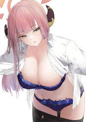 Rule 34 | 1girl, absurdres, aru (blue archive), blue archive, blue bra, blue panties, blunt bangs, bra, breasts, brown eyes, cleavage, collarbone, highres, horns, kakimoto nao, large breasts, lingerie, long hair, open clothes, open shirt, panties, pink hair, shirt, simple background, solo, underwear, white background, white shirt