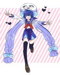 Rule 34 | 1girl, :d, absurdly long hair, ahoge, blue eyes, braid, hands up, hat, long hair, open mouth, otomachi una, ribbon, school uniform, simple background, smile, solo, thighhighs, twin braids, very long hair, vocaloid, yoshiki