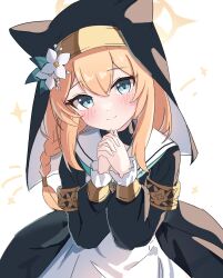 Rule 34 | 1girl, animal ear headwear, animal ears, blue archive, blue eyes, blush, cat ears, closed mouth, fake animal ears, habit, hair between eyes, hair ornament, highres, long hair, looking at viewer, mari (blue archive), nonddu, nun, orange hair, own hands clasped, own hands together, simple background, smile, solo, white background