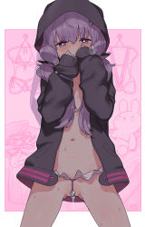 Rule 34 | 1girl, black jacket, blush, breath, clothes hanger, female focus, hair ornament, heart, heart-shaped pupils, highres, hood, hood up, jacket, lingerie, long sleeves, looking at viewer, open clothes, partially visible vulva, pearl thong, purple hair, pussy juice, rkrk, short hair with long locks, solo, stuffed animal, stuffed rabbit, stuffed toy, sweat, symbol-shaped pupils, thong, underwear, vocaloid, voiceroid, yuzuki yukari