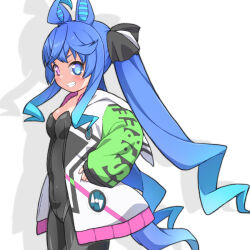 Rule 34 | 1girl, ahoge, animal ears, black leotard, black pantyhose, black ribbon, blue eyes, blue hair, breasts, clothes writing, coat, commentary, covered navel, cowboy shot, grin, hair ribbon, hands on own hips, heterochromia, horse ears, horse girl, leotard, leotard under clothes, long hair, long sleeves, looking at viewer, messy hair, multicolored coat, open clothes, open coat, pantyhose, purple eyes, ribbon, shadow, sharp teeth, shirogane hakuba, sidelocks, simple background, small breasts, smile, solo, standing, strapless, strapless leotard, teeth, twin turbo (umamusume), twintails, umamusume, very long hair, white background