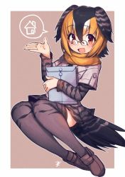 Rule 34 | 1girl, bird tail, bird wings, black hair, blonde hair, blush, campo flicker (kemono friends), commentary request, full body, glasses, grey hair, hair between eyes, hatagaya, head wings, kemono friends, layered sleeves, loafers, long sleeves, multicolored hair, necktie, open mouth, outline, package, pleated skirt, print sleeves, scarf, shoes, short hair, short over long sleeves, short sleeves, skirt, solo, speech bubble, tail, thighhighs, white outline, wings, yellow eyes, zettai ryouiki