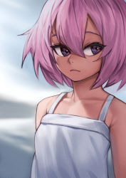 Rule 34 | 1girl, blue background, blurry, blurry background, bob cut, closed mouth, depth of field, dress, hair between eyes, looking to the side, original, pink hair, purple eyes, revision, short hair, solo, sundress, upper body, white dress, zakusi