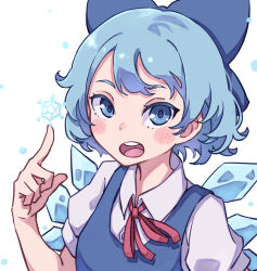 Rule 34 | 1girl, absurdres, blue dress, blue eyes, blue hair, bow, cirno, collared shirt, dress, fairy wings, hair bow, highres, ice, ice wings, kame (kamepan44231), puffy short sleeves, puffy sleeves, red neckwear, shirt, short hair, short sleeves, simple background, snow, snowflakes, touhou, white background, white shirt, wings