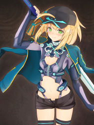 Rule 34 | 1girl, ahoge, arm up, artoria pendragon (fate), black hat, black panties, black shorts, black thighhighs, blonde hair, blue jacket, breasts, cleavage, cleavage cutout, clothing cutout, d.r (liu1029367675), fate/grand order, fate (series), green eyes, hat, highres, holding, holding sword, holding weapon, jacket, long hair, midriff, mysterious heroine x (fate), mysterious heroine x (third ascension) (fate), navel, open clothes, open jacket, open shorts, panties, ponytail, short shorts, shorts, sidelocks, small breasts, smile, solo, standing, stomach, sword, thighhighs, underwear, visor cap, weapon