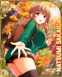 Rule 34 | 1girl, :d, ass, backpack, bag, black thighhighs, breasts, brown hair, brown shorts, card (medium), character name, day, female focus, forest, girlfriend (kari), green sweater, hair ornament, large breasts, long hair, looking at viewer, nature, official art, open mouth, outdoors, pink scrunchie, qp:flapper, red eyes, sakaida natsumi, scrunchie, shorts, smile, solo, sparkle, standing, sweater, thighhighs