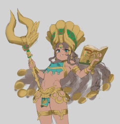 Rule 34 | 1girl, aqua eyes, armlet, ashurbanipal (eiyuu senki), atte nanakusa, book, breasts, brown hair, commentary request, concept art, cowboy shot, dark-skinned female, dark skin, eiyuu senki, eiyuu senki ww, grey background, grin, helmet, holding, holding book, holding staff, jewelry, long hair, looking at viewer, official art, revealing clothes, simple background, sketch, small breasts, smile, solo, staff, teeth, thighlet